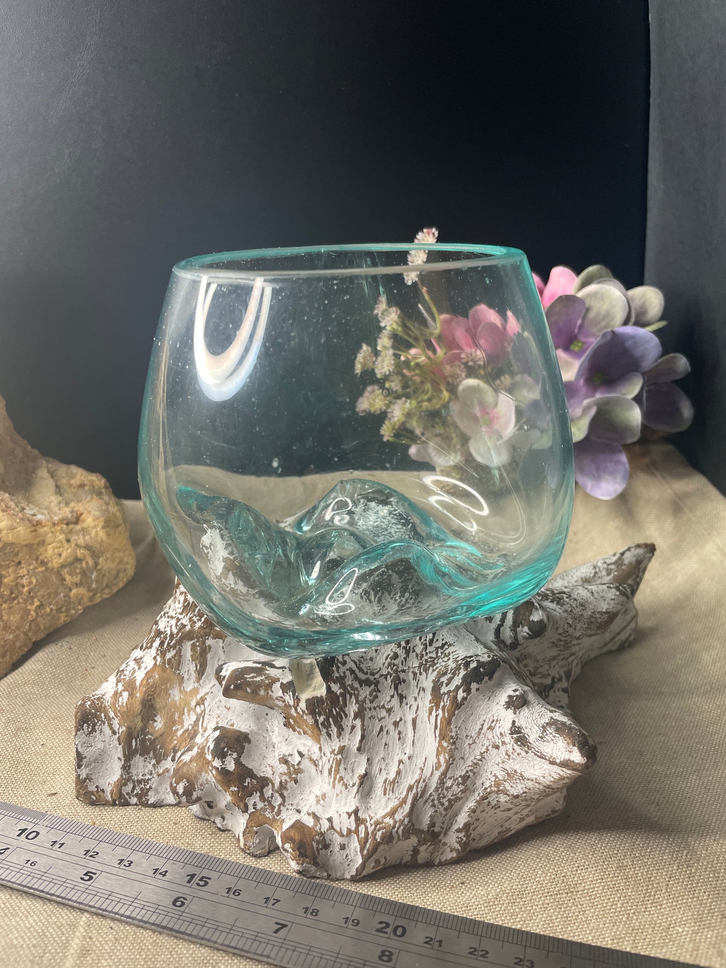 Hand blown glass slump bowl white wash