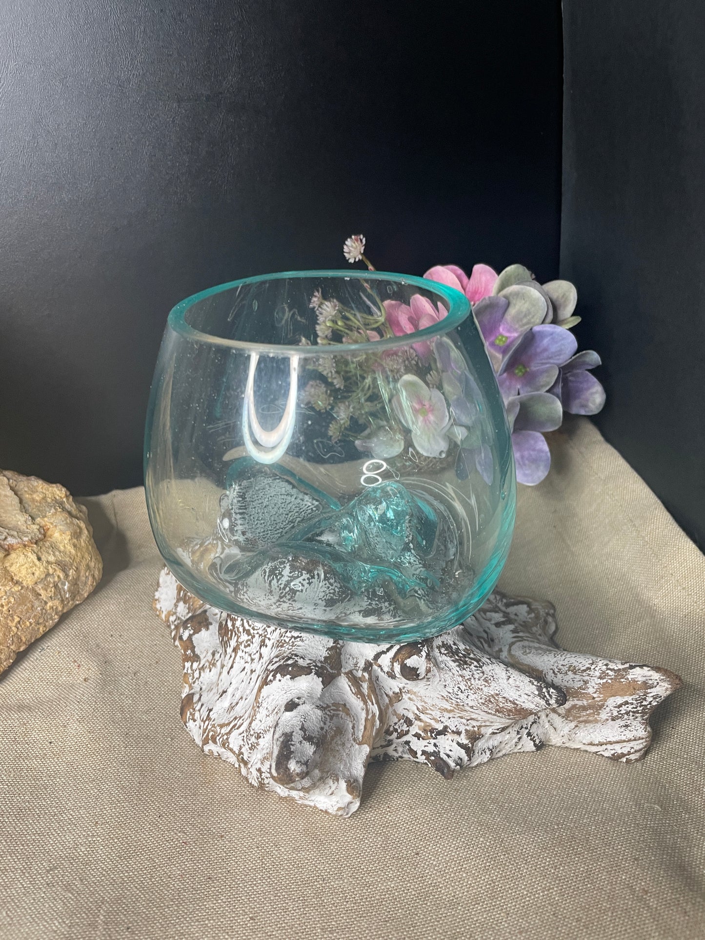 Hand blown glass slump bowl white wash