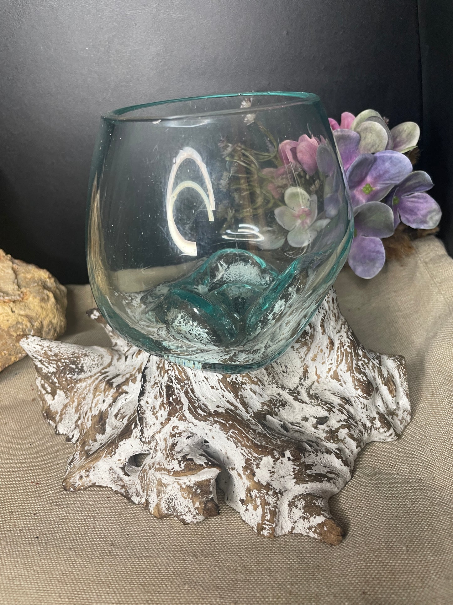 Hand blown glass slump bowl white wash