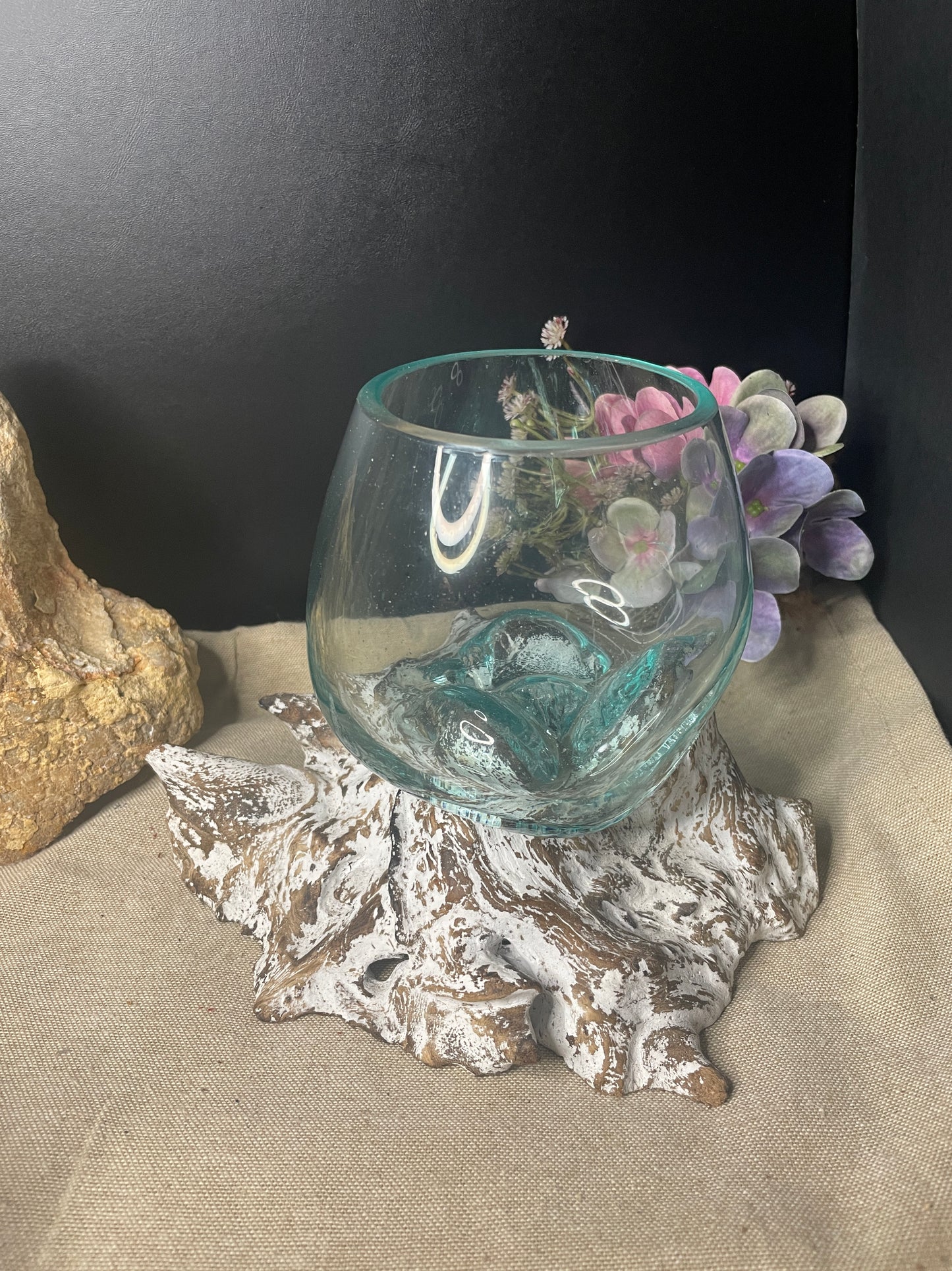 Hand blown glass slump bowl white wash
