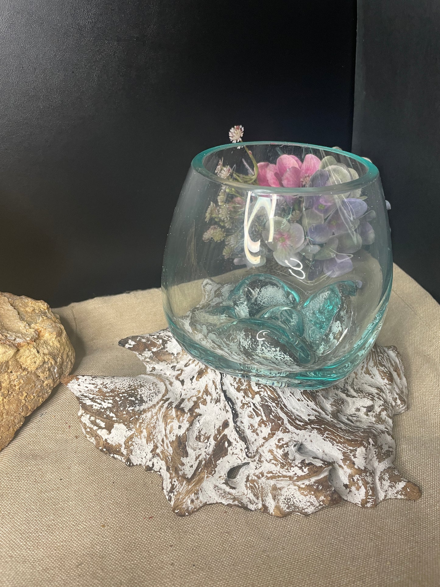 Hand blown glass slump bowl white wash
