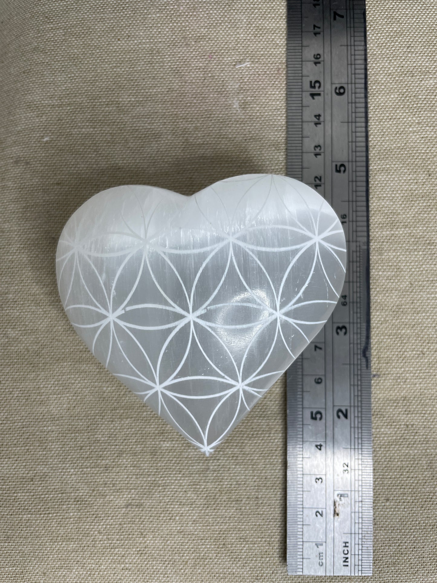 Engraved selenite puffy heart