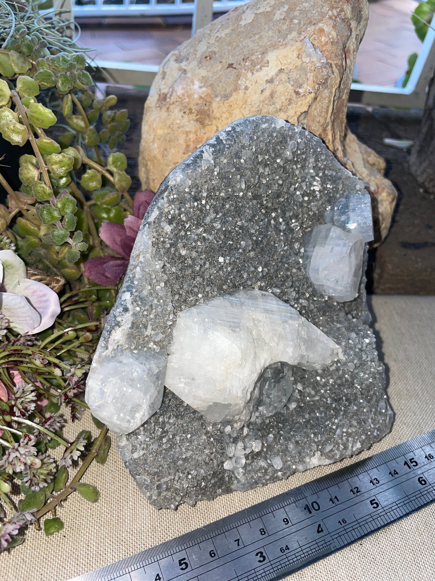 Druzy apophyllite cluster with calcite