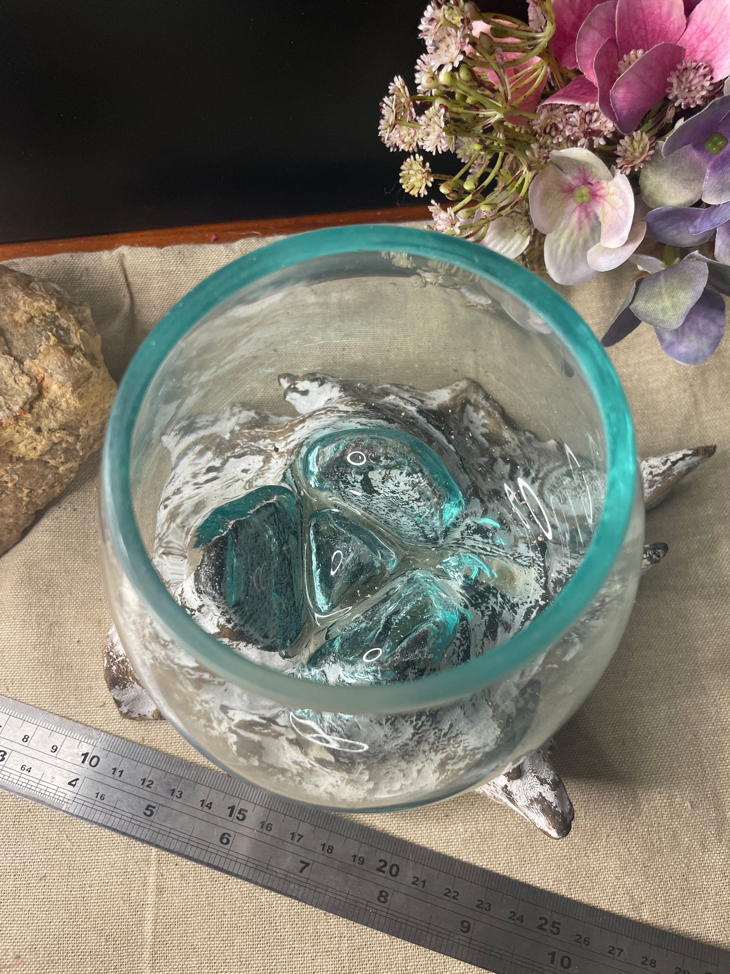 Hand blown glass slump bowl white wash
