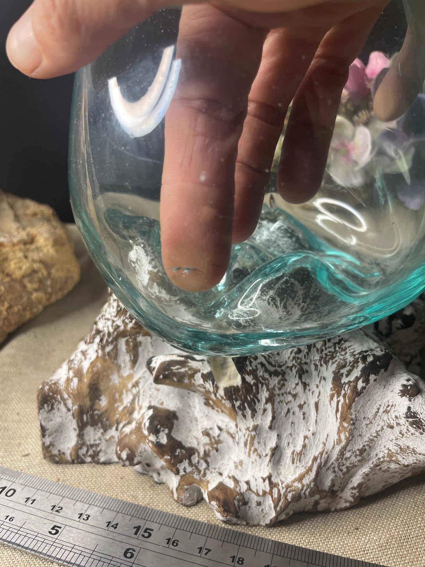 Hand blown glass slump bowl white wash