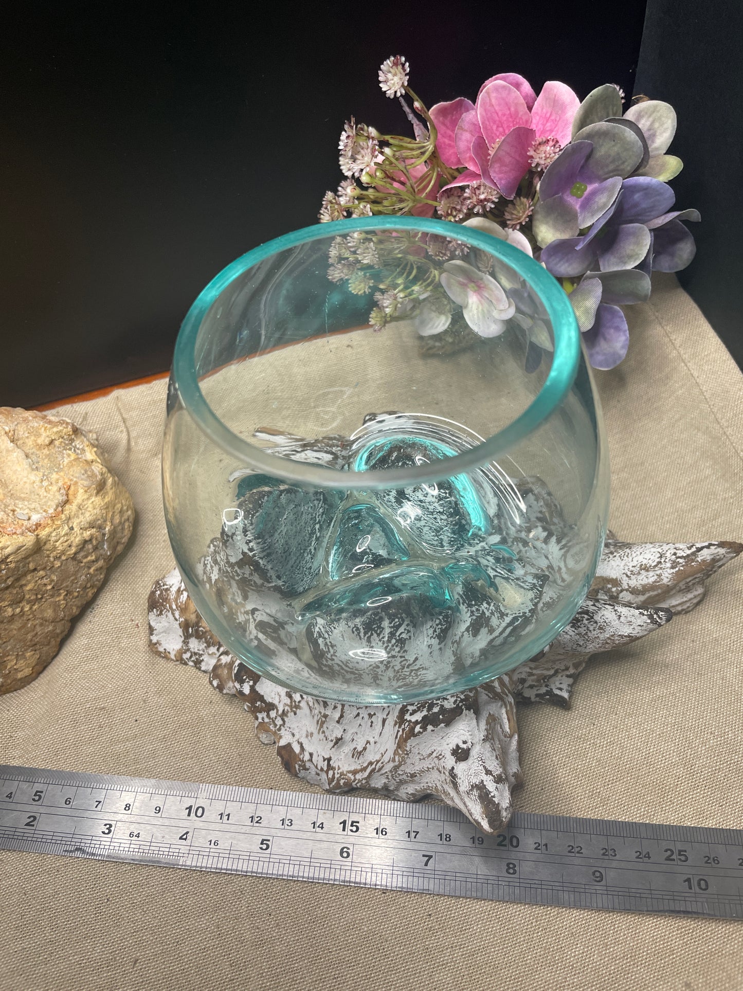 Hand blown glass slump bowl white wash