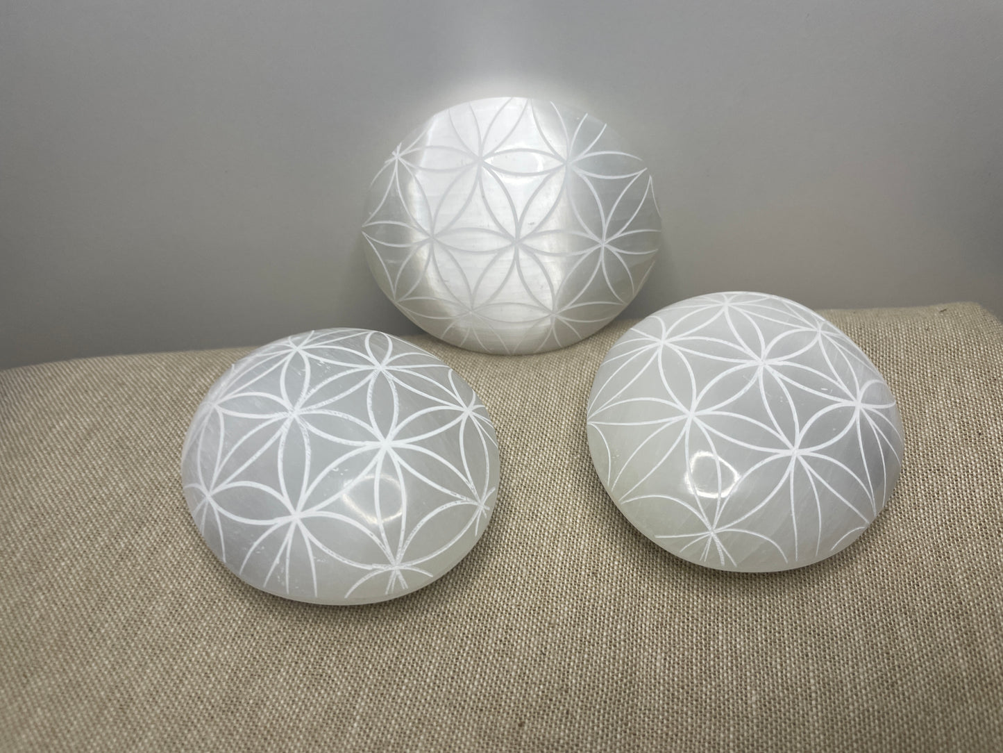 Engraved Selenite palm stones