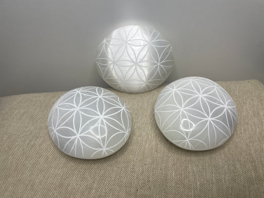 Engraved Selenite palm stones