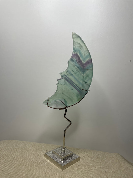 Fluorite moon carving on stand