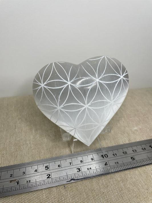 Engraved selenite puffy heart