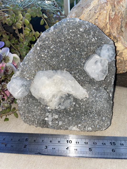 Druzy apophyllite cluster with calcite