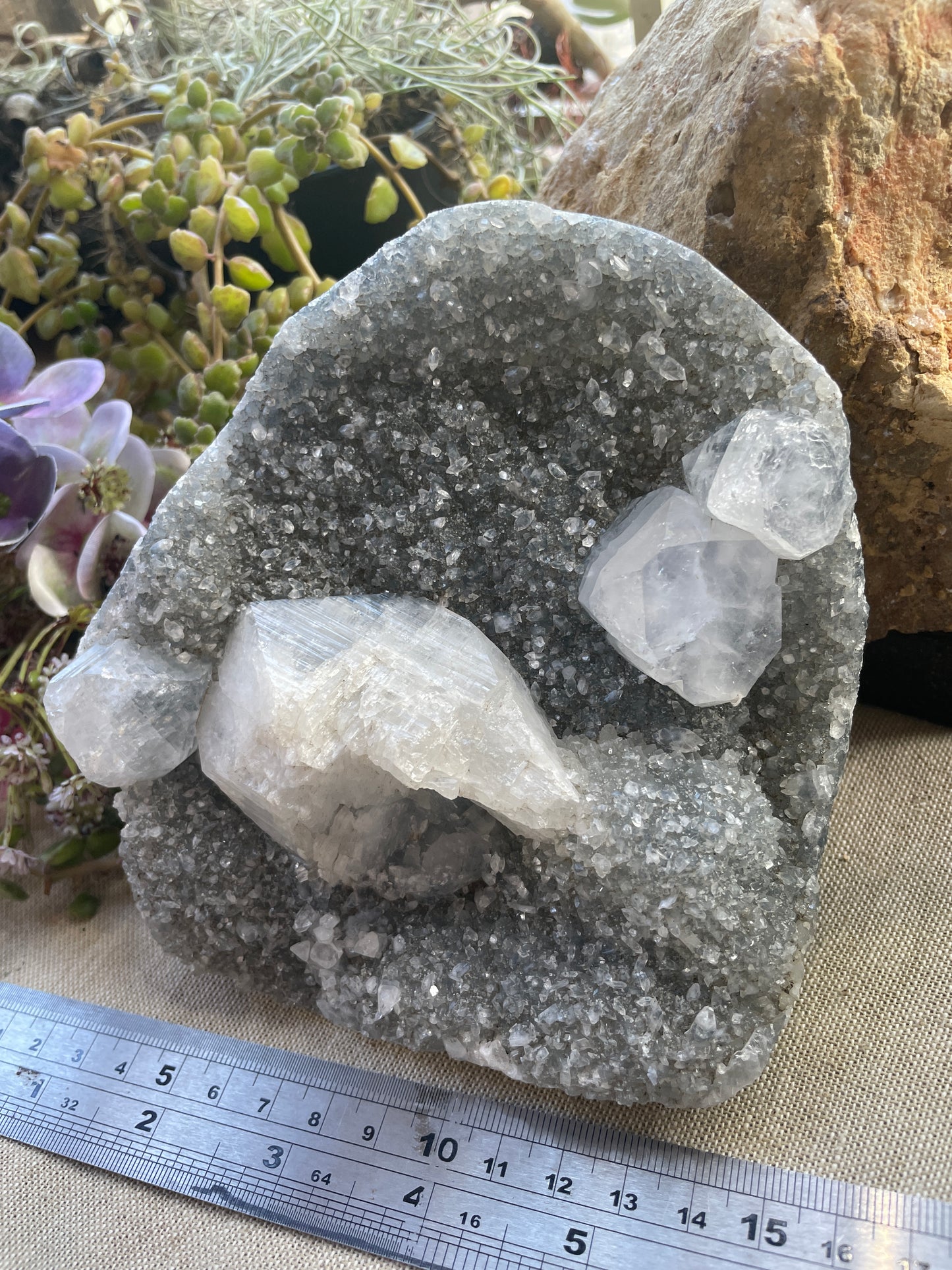 Druzy apophyllite cluster with calcite