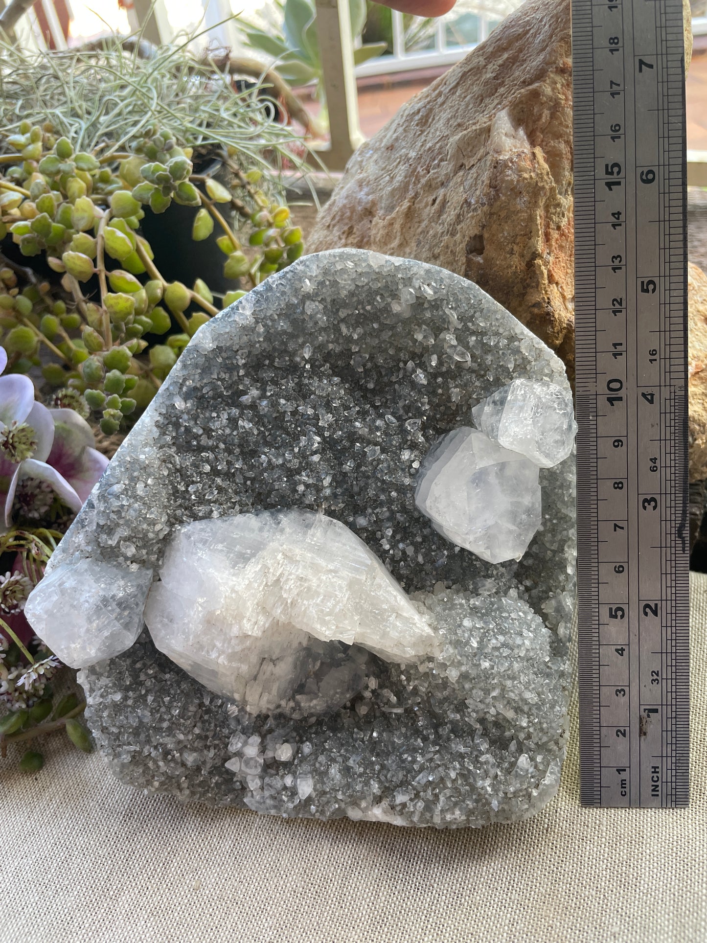 Druzy apophyllite cluster with calcite
