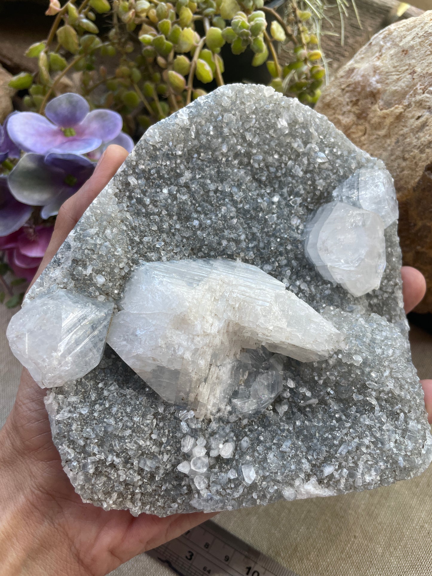 Druzy apophyllite cluster with calcite