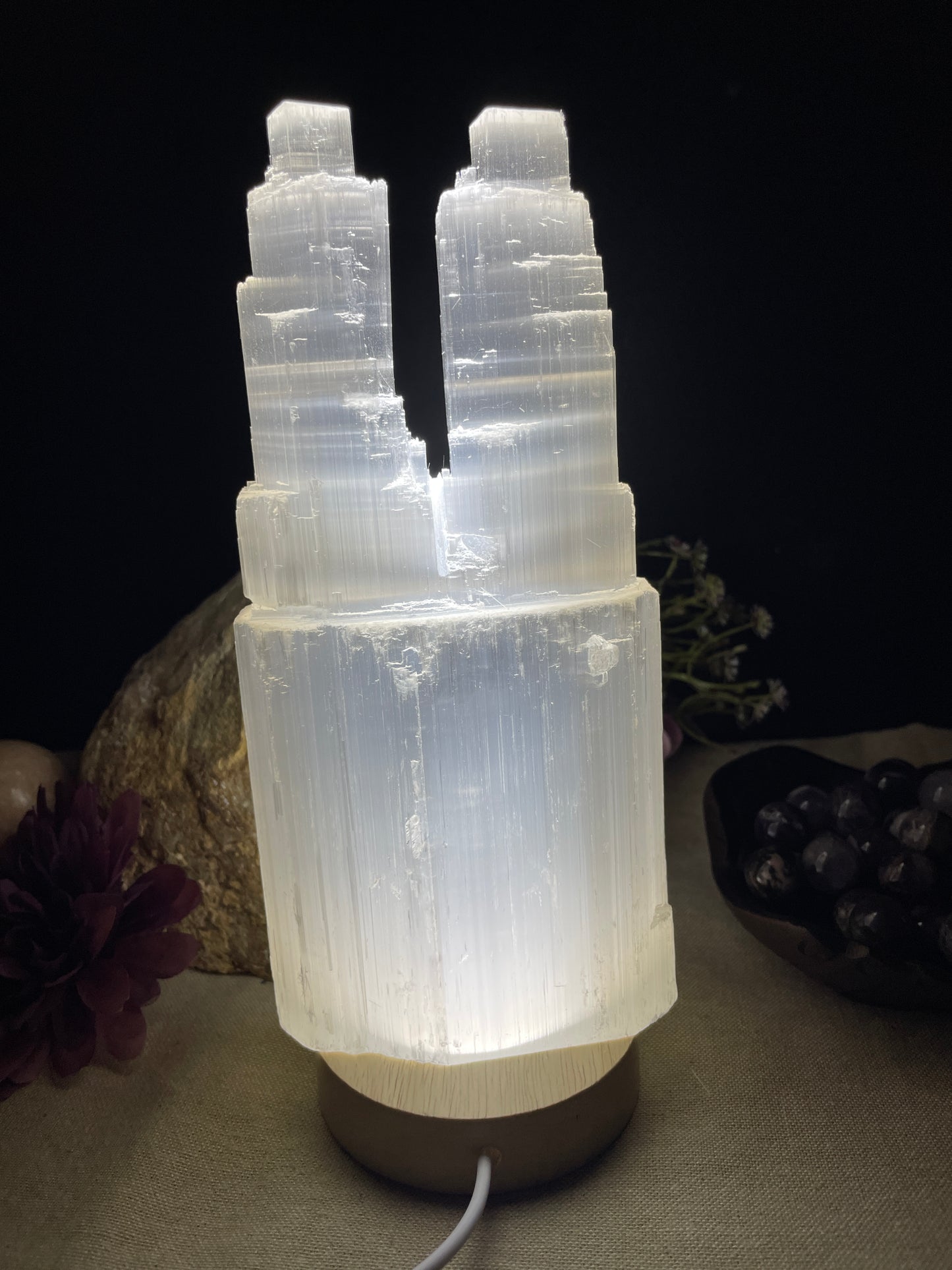 Selenite 20cm twin tower lamp (satin spar)