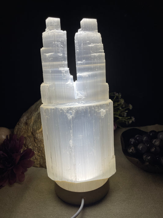 Selenite 20cm twin tower lamp (satin spar)