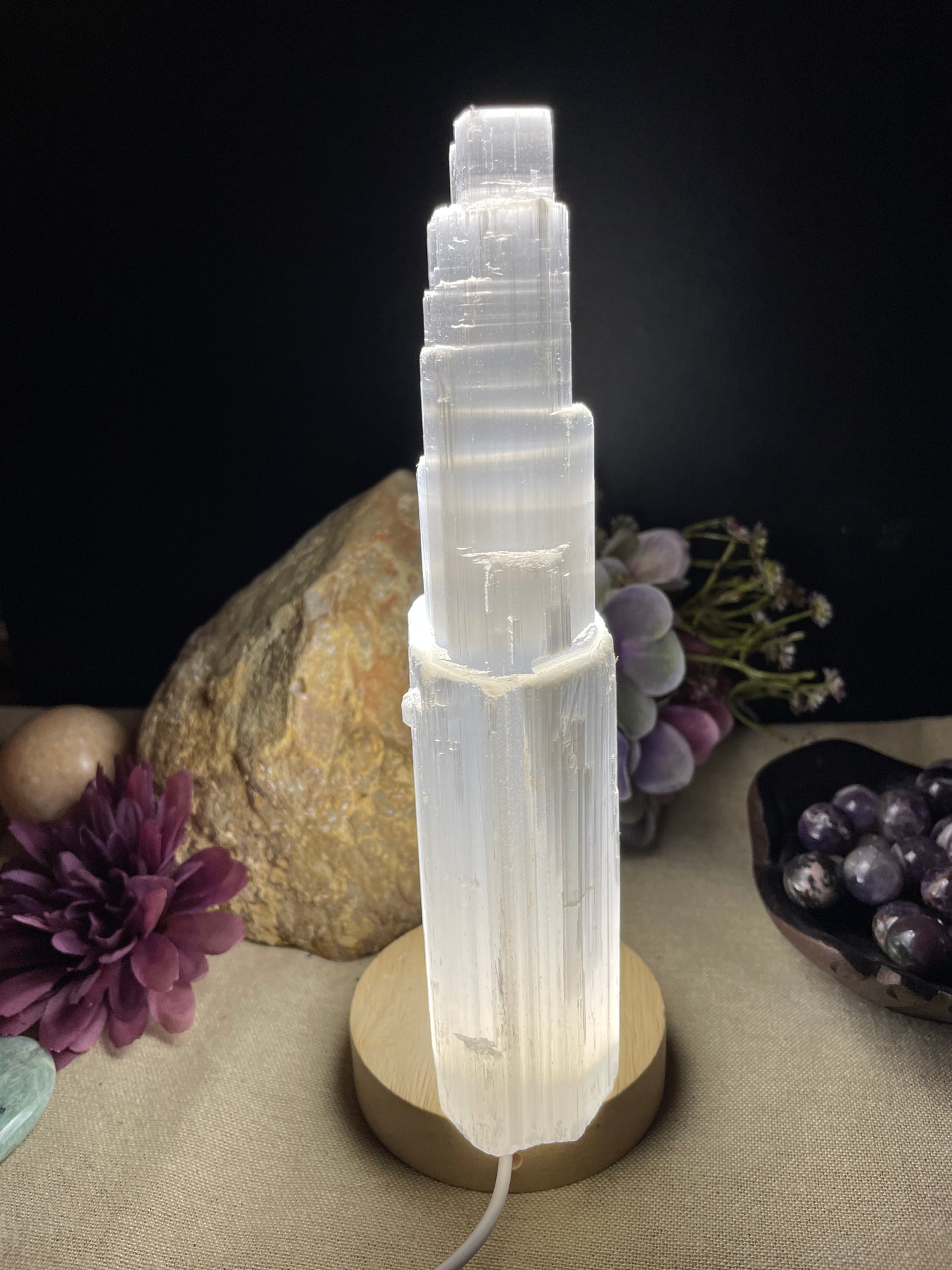 Selenite 20cm twin tower lamp (satin spar)