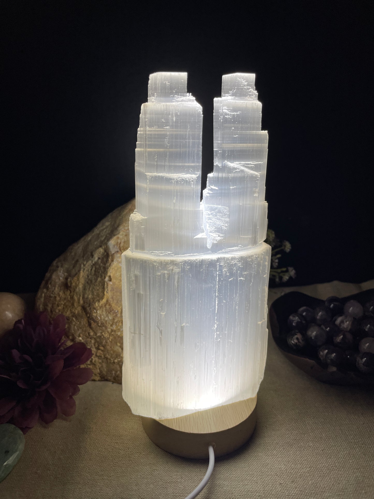 Selenite 20cm twin tower lamp (satin spar)