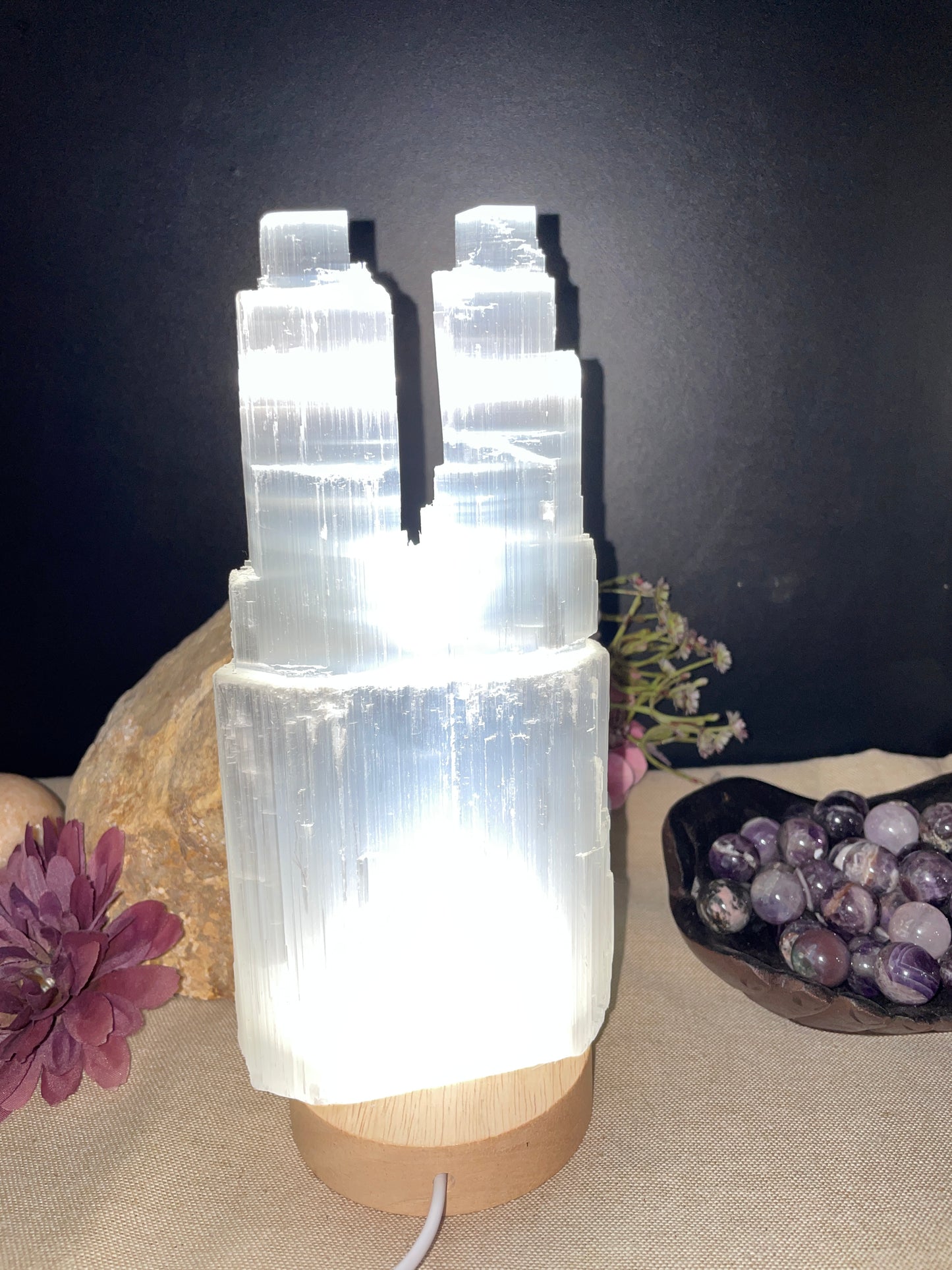 Selenite 20cm twin tower lamp (satin spar)
