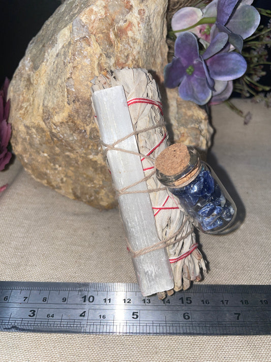 White sage with selenite and wish bottle smudge wand