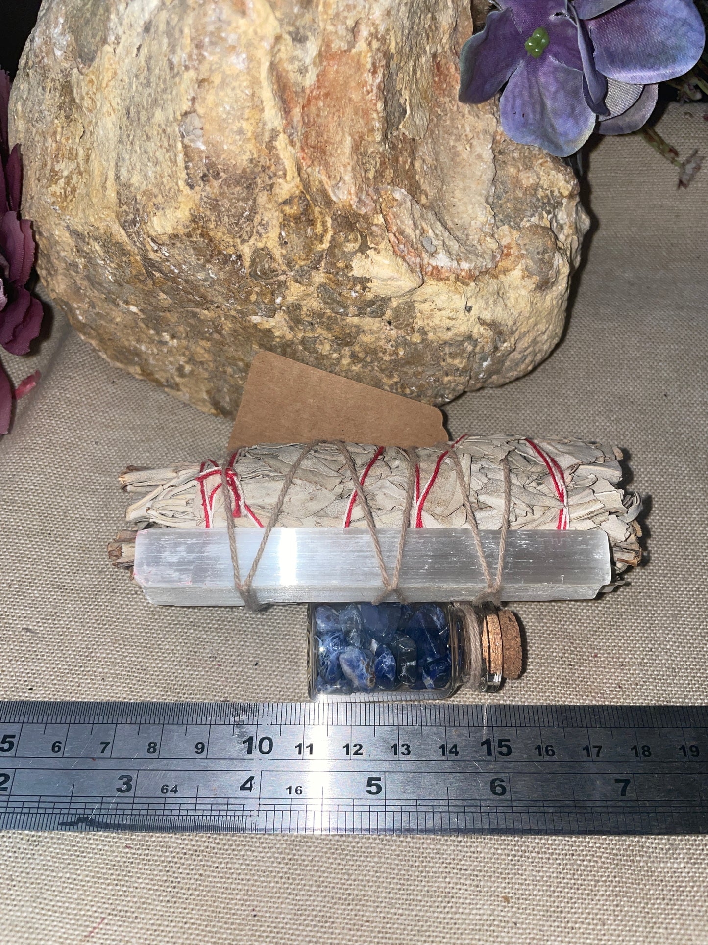 White sage with selenite and wish bottle smudge wand