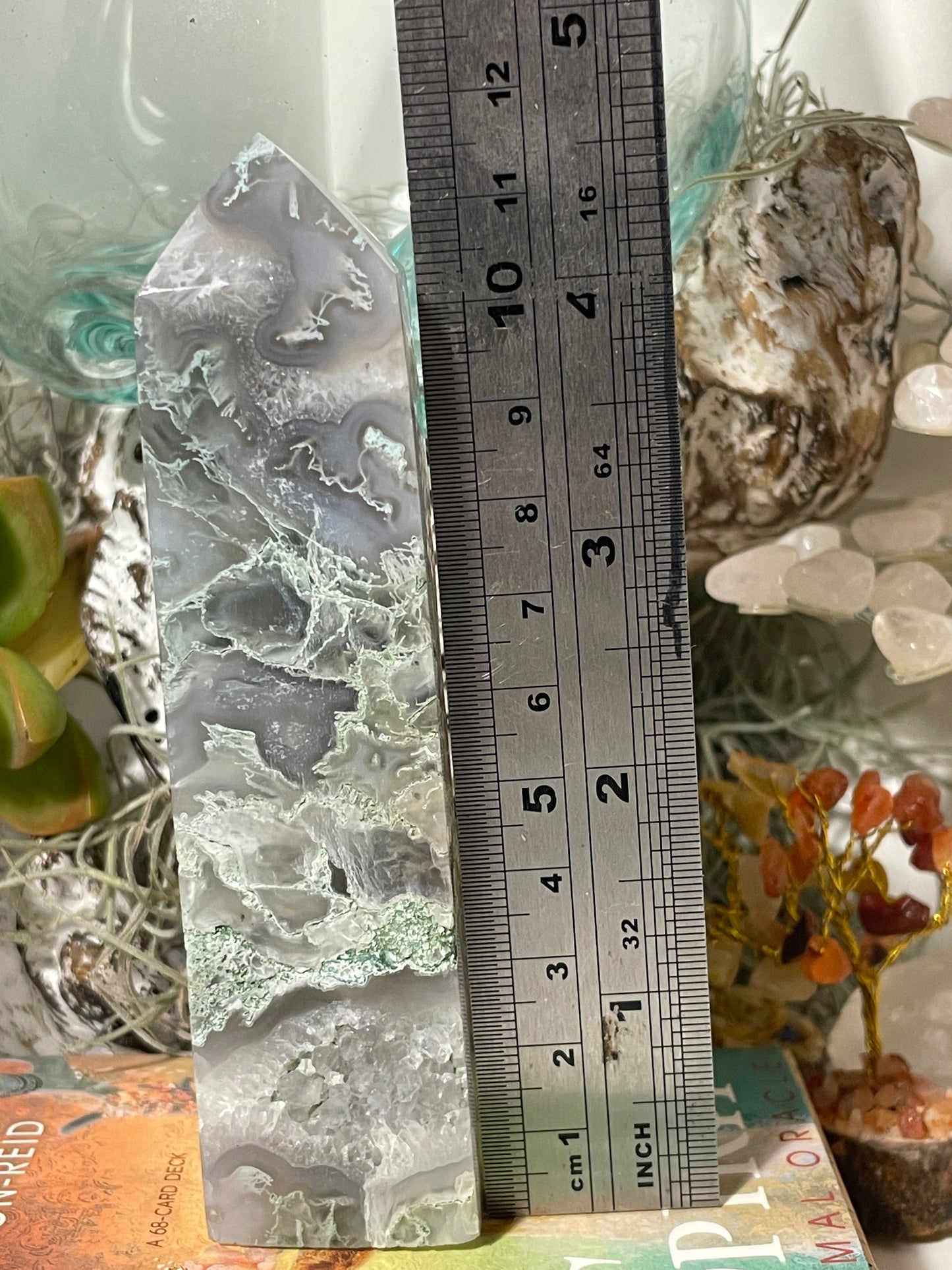 Moss agate tower with vugs