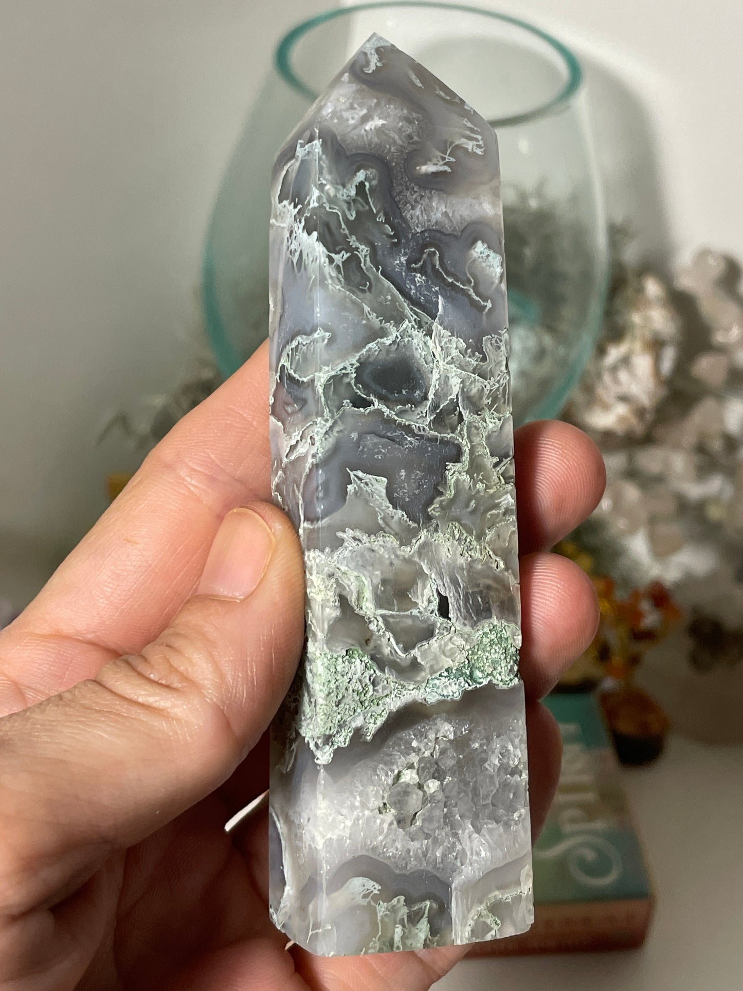 Moss agate tower with vugs