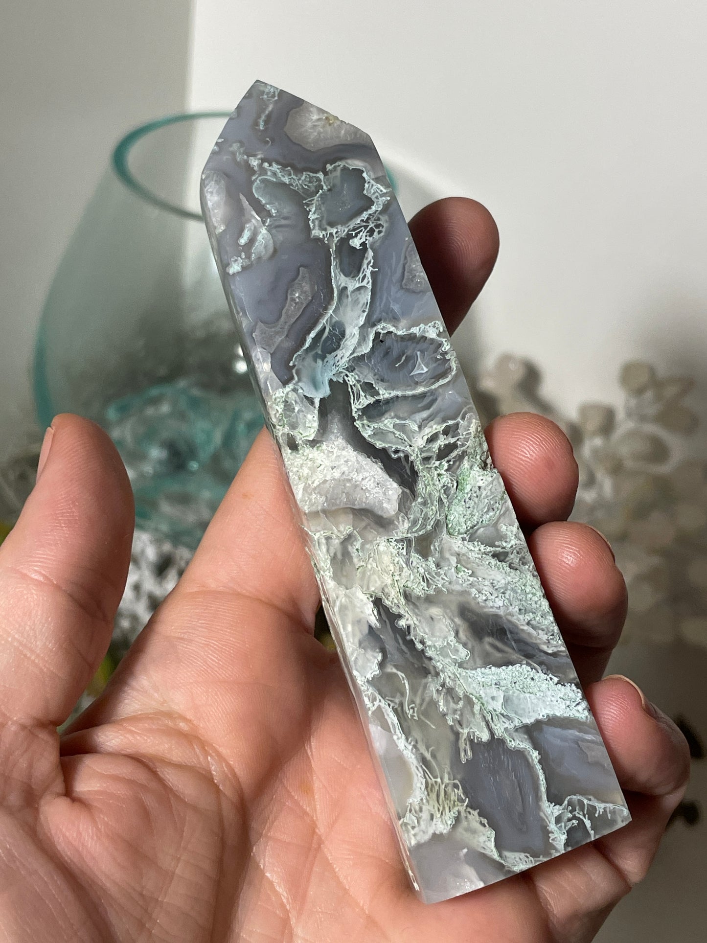 Moss agate tower with vugs